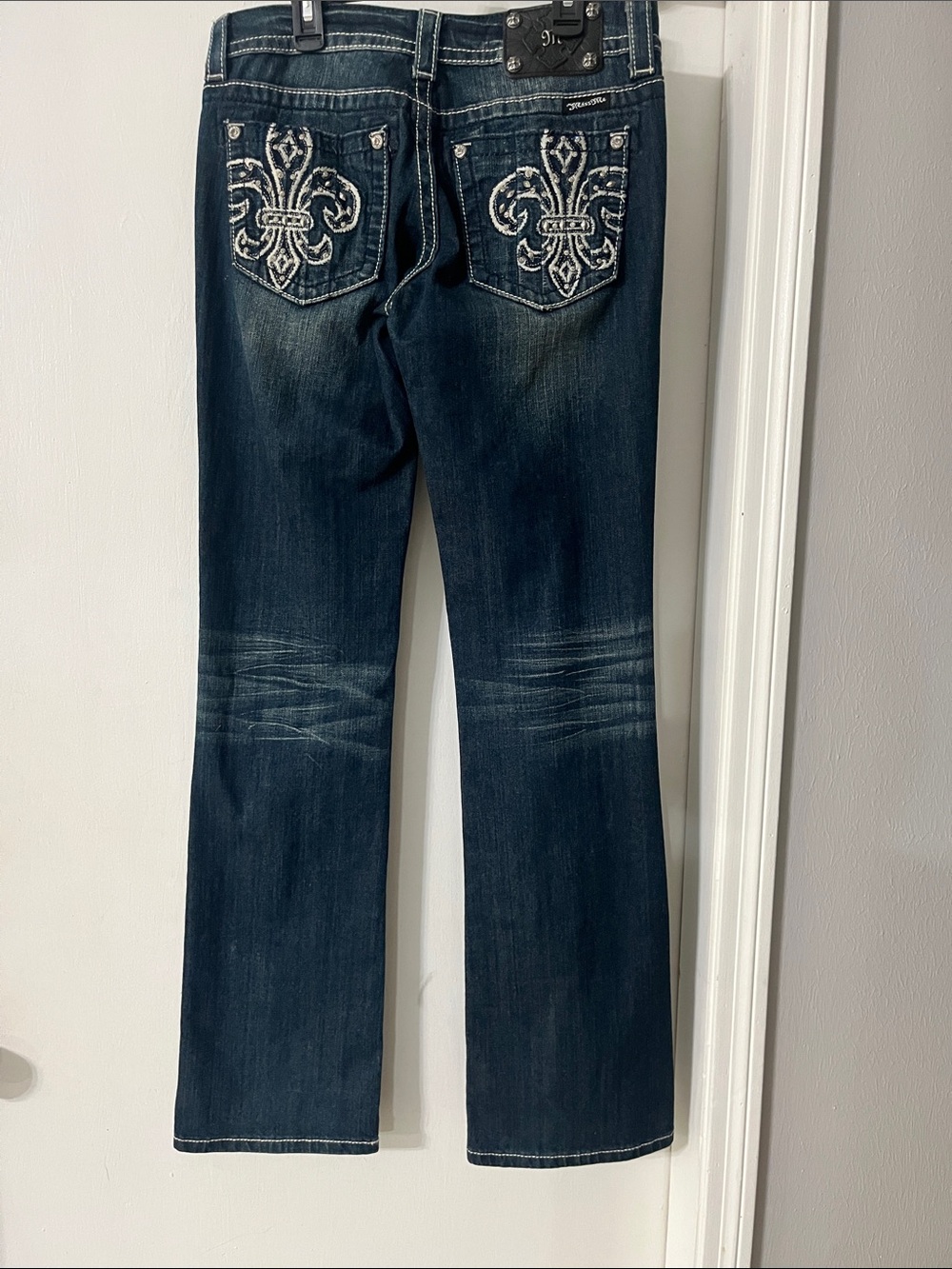 Miss Me Dark Blue Bootcut Jeans with Embroidered Fleur-de-Lis Pockets